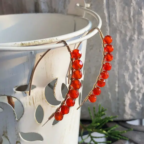 Carnelian Earrings Gold Filled Or Sterling Silver Wire Wrapped Natural Gemstone Modern Beaded Threaders Birthday Holiday Gift For Her 6624