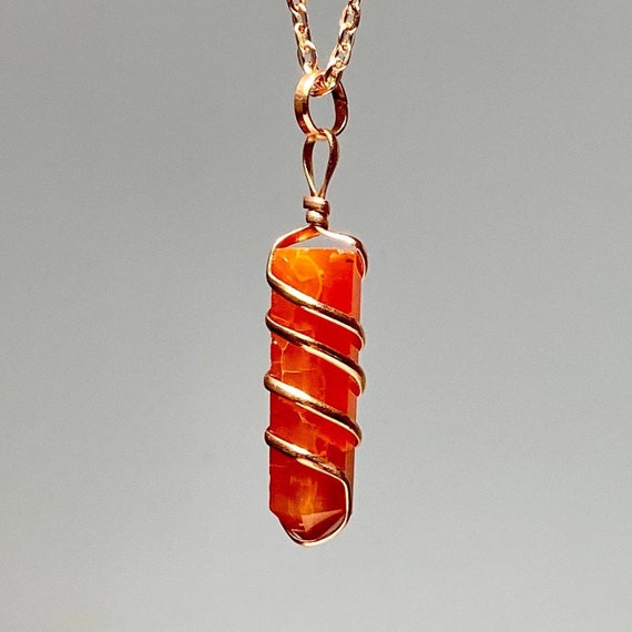 Carnelian Rose Gold Wire Wrapped Pendant With Chain