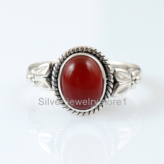 Minimalist Carnelian Ring, Dainty Silver Ring, Stacking Ring, Carnelian 7x9 Mm Gemstone Ring, Oxidised Ring Gift For Her