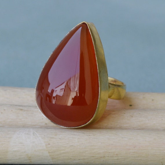 Natural Pear Cab Carnelian Ring, Sterling Silver Yellow Plated, Rose Gold Plated Gold Ring, Huge Carnelian Gemstone Artisan Ring