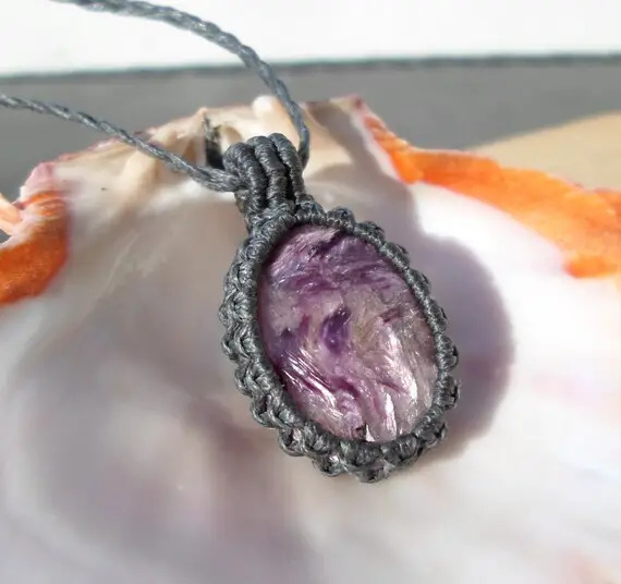 Charoite Necklace, Macrame Necklace With Stone, Macrame Charoite Pendant, Purple Crystal Necklace, Genuine Charoite