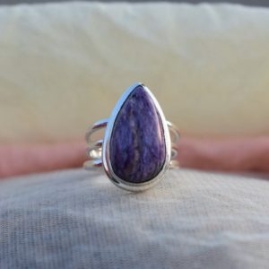 Purple Charoite Ring, Triple Band Ring, Pear Charoite Gemstone Ring, Purple Gemstone Ring, 925 Sterling Silver Ring, Can Be Personalized | Natural genuine Array jewelry. Buy crystal jewelry, handmade handcrafted artisan jewelry for women.  Unique handmade gift ideas. #jewelry #beadedjewelry #beadedjewelry #gift #shopping #handmadejewelry #fashion #style #product #jewelry #affiliate #ad