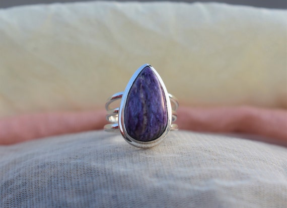 Purple Charoite Ring, Triple Band Ring, Pear Charoite Gemstone Ring, Purple Gemstone Ring, 925 Sterling Silver Ring, Can Be Personalized