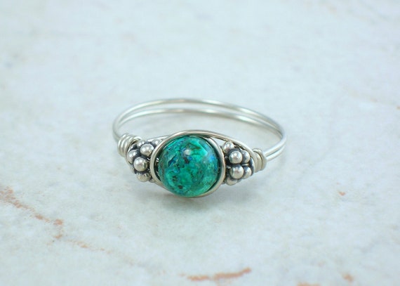 Sterling Silver Chrysocolla And Bali Bead Ring