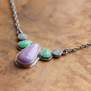 Shop Chrysoprase Necklaces! Harmony Necklace – 5 Stone Necklace – Purple Phosphosiderite – Green Chrysoprase Necklace – Aquamarine | Natural genuine Chrysoprase necklaces. Buy crystal jewelry, handmade handcrafted artisan jewelry for women.  Unique handmade gift ideas. #jewelry #beadednecklaces #beadedjewelry #gift #shopping #handmadejewelry #fashion #style #product #necklaces #affiliate #ad