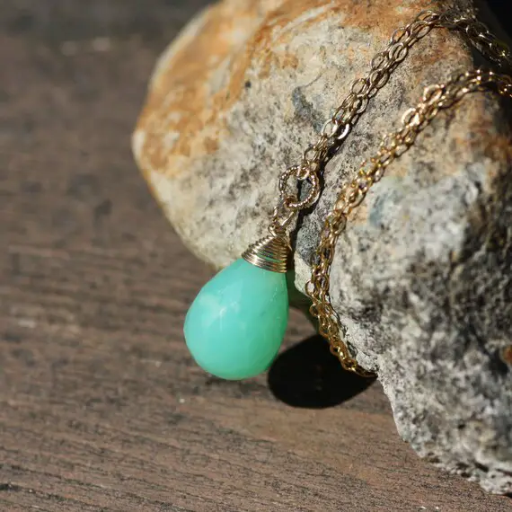 Natural Green Chrysoprase Pendant 14k Gold Filled , Wire Wrapped , Healing Gem , 18th Anniversary , Ships From Canada
