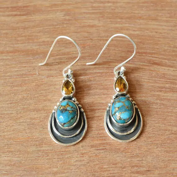 Turquoise Earrings, Sterling Silver Earrings, Blue Copper Turquoise 7x9 Mm Oval Gemstone Earrings, Citrine Earrings, Gemstone Earrings
