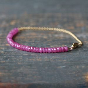 Shop Pink Sapphire Jewelry! Dainty Pink Sapphire Bracelet, 14k Gold Fill Chain, September Birthstone Jewelry | Natural genuine Pink Sapphire jewelry. Buy crystal jewelry, handmade handcrafted artisan jewelry for women.  Unique handmade gift ideas. #jewelry #beadedjewelry #beadedjewelry #gift #shopping #handmadejewelry #fashion #style #product #jewelry #affiliate #ad