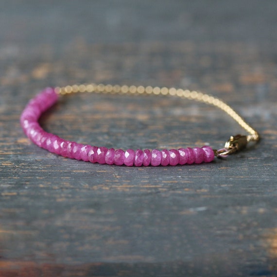 Dainty Pink Sapphire Bracelet, 14k Gold Fill Chain, September Birthstone Jewelry