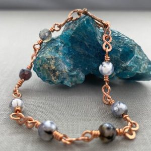 Shop Dendritic Agate Bracelets! Dendritic Agate Copper Infinity Bracelet, 6.5 or 7 inch, Delicate Gemstone Bracelet, October Birthstone | Natural genuine Dendritic Agate bracelets. Buy crystal jewelry, handmade handcrafted artisan jewelry for women.  Unique handmade gift ideas. #jewelry #beadedbracelets #beadedjewelry #gift #shopping #handmadejewelry #fashion #style #product #bracelets #affiliate #ad