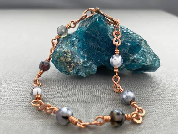 Dendritic Agate Copper Infinity Bracelet, 6.5 Or 7 Inch, Delicate Gemstone Bracelet, October Birthstone