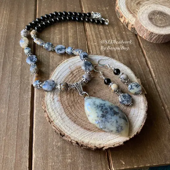 Dendritic Agate Necklace Set Jewelry Earrings Set Pendant Silver Set Boho Black Natural Stone Handmade Gift Her Jewelry Necklace For Women
