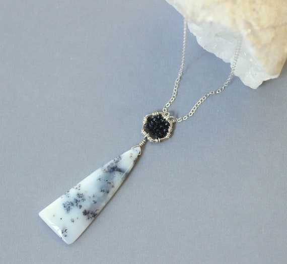 Dendrite Agate Necklace, Large Crystal Necklace, Black Spinel, Sterling Silver Hexagon, Large Triangle Pendant, Earthy Organic Jewelry