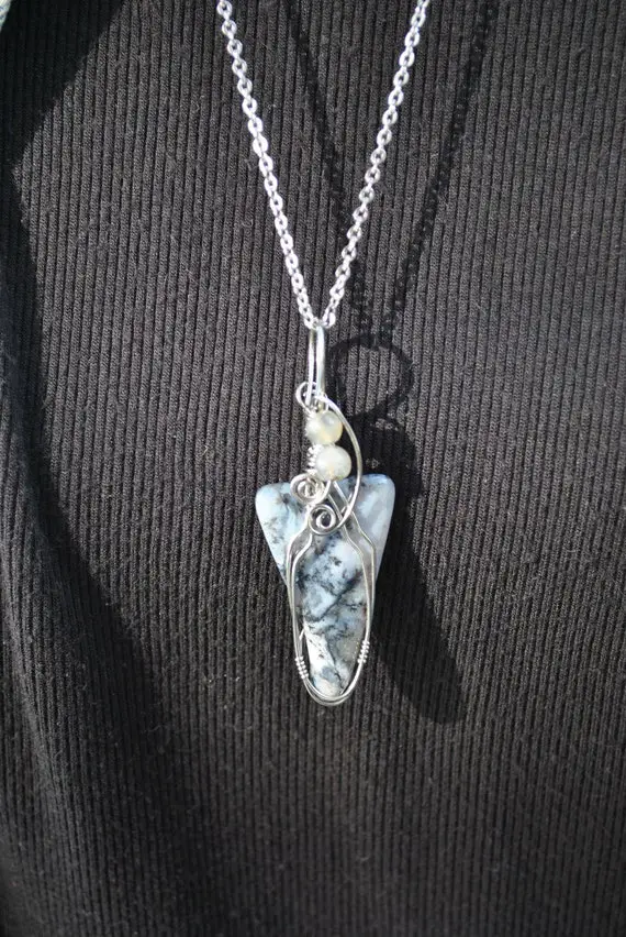 Dendritic Opal Pendant; Wire Wrapped Stone; Stone Pendant; Labradorite Beads; Black Gray Stone; Stainless Steel Necklace; Triangle Pendant