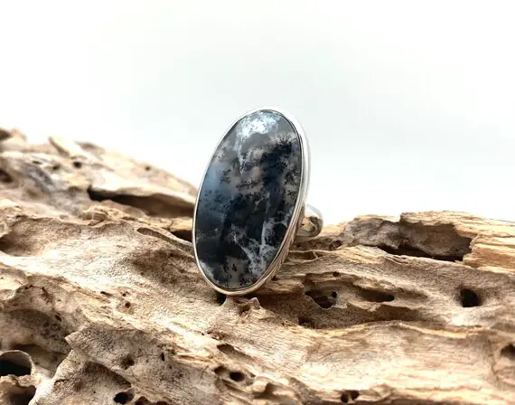 Dendritic Opal Agate Ring Size 8 // Silver Dendritic Opal Oval Ring 35mm // Dendritic Agate Ring // Dendritic Fossil Ring // Sterling Silver