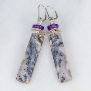 Shop Dendritic Agate Earrings! Dendritic Stone Earrings, Amethyst Sage Agate, Stone Rectangle Earrings, Statement Earrings, Purple Gray Earrings, Boho Stone Drop Earrings | Natural genuine Dendritic Agate earrings. Buy crystal jewelry, handmade handcrafted artisan jewelry for women.  Unique handmade gift ideas. #jewelry #beadedearrings #beadedjewelry #gift #shopping #handmadejewelry #fashion #style #product #earrings #affiliate #ad