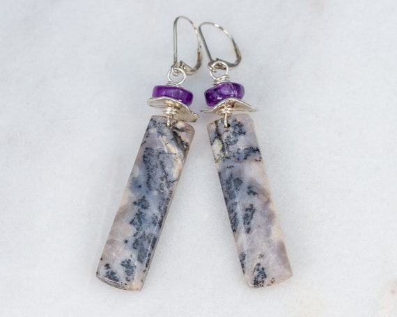 Dendritic Stone Earrings, Amethyst Sage Agate, Stone Rectangle Earrings, Statement Earrings, Purple Gray Earrings, Boho Stone Drop Earrings