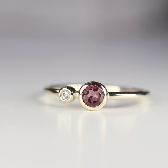 Diamond & Pink Tourmaline Ring 14k Solid Gold, Two Birthstone Ring, Dual Stone Ring, Couple Ring, Handmade Jewelry, Minimalist Gemstone Ring