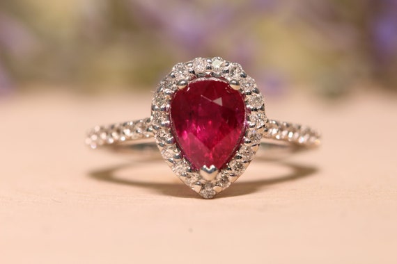 Diamond Pink Tourmaline Ring/ Pear Shape Stone/ Diamond Halo/ 14k Gold/engagement Ring/ Bridal Jewelry/ 3 Prong/ Gemstone Ring/ Deep Pink