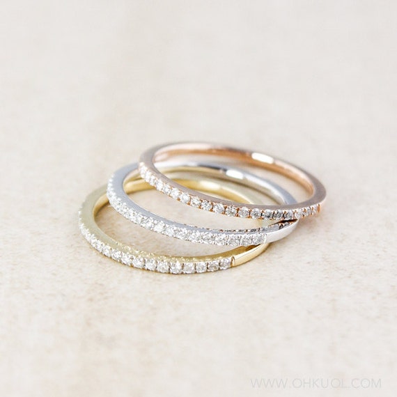 Simple Stackable Diamond Rings, 10k Rose Gold, 10k Yellow Gold, Or 10k White Gold, Low Profile Ring