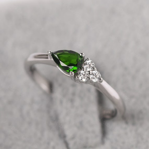 Chrome Diopside Engagement Ring Sterling Silver Green Stone Wedding Ring