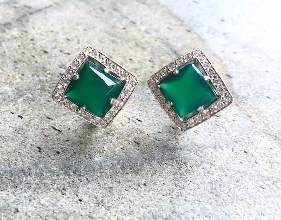 Emerald Earrings, Antique Earrings, Vintage Earrings, Antique Emerald, Sterling Silver Earrings, Green Vintage Earrings, Rhombus shape