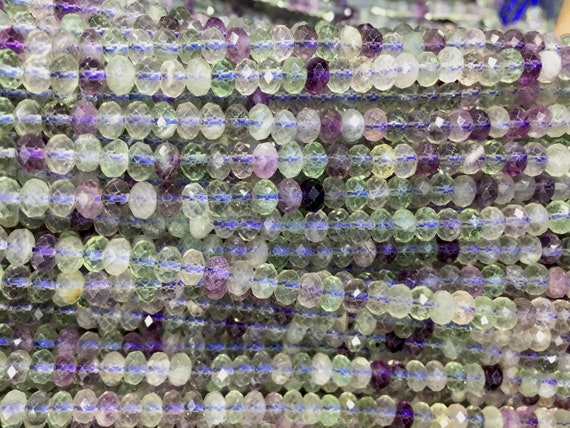Faceted Rainbow Fluorite Rondelle Beads - Natural Fuorite Quartz Beads - Purple Green Clear Quartz -3x5mm Spacer Beads - Transparent Beads