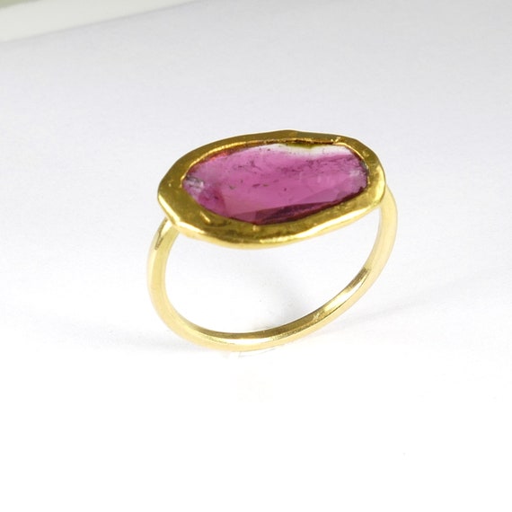 Flat Top 22k Pink Tourmaline Ring. Unique Ring For Her. Pink Gemstone Rings. Best Alternative Engagement Ring. Wide Purple Statement Ring