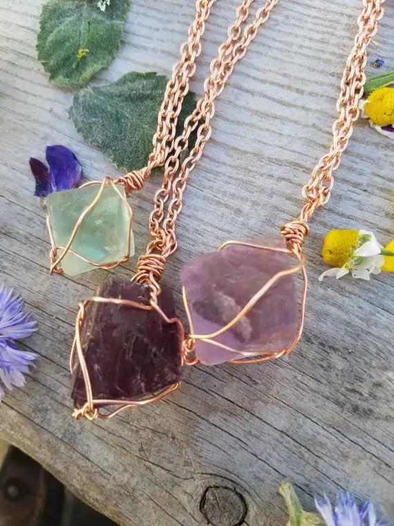 Large Fluorite Octohedron Crystal Pendant, Flourite Pendant, Natural Raw Rough Fluorite Necklace, Green Or Purple Stones, Copper Or Sterling