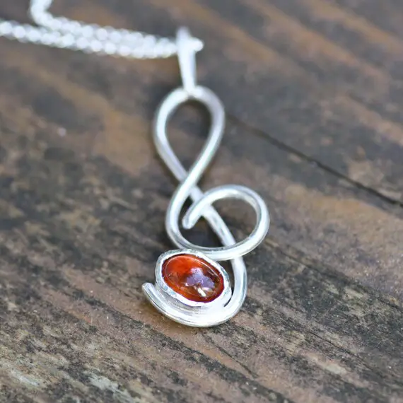 Natural Spessartine Garnet Pendant Treble Clef Music Design Sterling Silver , Bezel Set , January Birthstone ,  2nd 19th Anniversary , Ooak