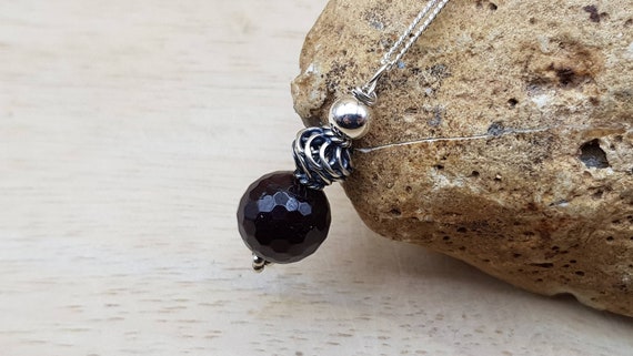 Small Garnet Pendant Necklace. Bali Silver Bead. Reiki Jewelry Uk. January Birthstone. Dark Red 10mm 2nd Anniversary Gemstone.