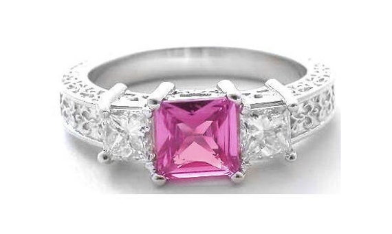 Genuine 1.03 Carat Pink Sapphire Ring With 0.68 Ctw Princess Diamonds 14k White Gold, Princess Sapphire Engagement Ring, Past Present Future