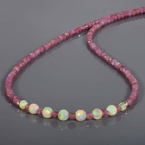 Pink Tourmaline Necklace,ethiopian Opal Necklace,handmade Watermelon Beads Jewelry,round Faceted Opal Stone Gift,925 Silver 18" Chain Gift