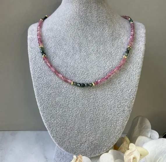 Gorgeous Pink Tourmaline Necklace, Gold Vermeil Necklace, Gemstone Necklace, Emerald Necklace, Choker Necklace, Tourmaline Jewellery,