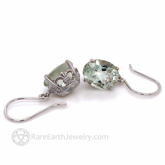 Oval Green Amethyst Dangle Earrings 14k Gold Fleur De Lis Earrings French Hook Ear Wires Green Gemstone Earrings For A Bride