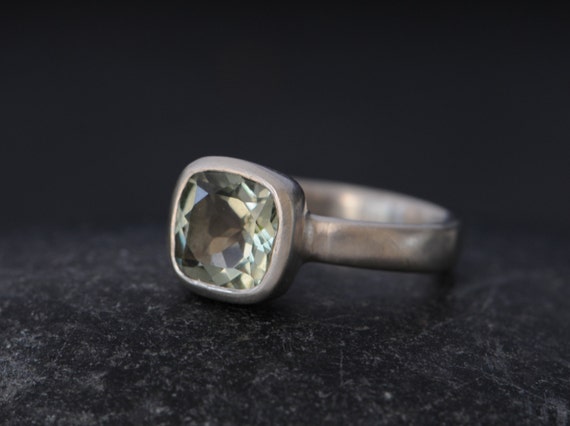 Size 5.75 Green Amethyst Ring, Silver Engagement Ring, Cushion Cut Ring