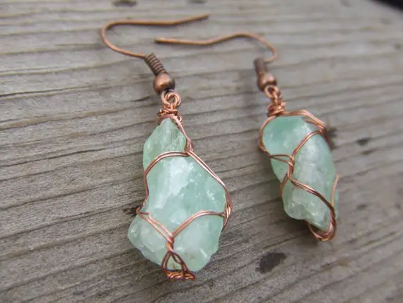 Emerald Green Calcite Crystals Raw And Natural Pure Copper Wire Wrapped Earrings Rough Pure Color