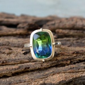 Shop Green Tourmaline Rings! Tourmaline Quartz Ring- 925 Sterling Silver Ring -Bezel Set Artisan Ring- Birthstone Gift Ring- Cushion Blue Green Tourmaline Quartz Jewelry | Natural genuine Green Tourmaline rings, simple unique handcrafted gemstone rings. #rings #jewelry #shopping #gift #handmade #fashion #style #affiliate #ad