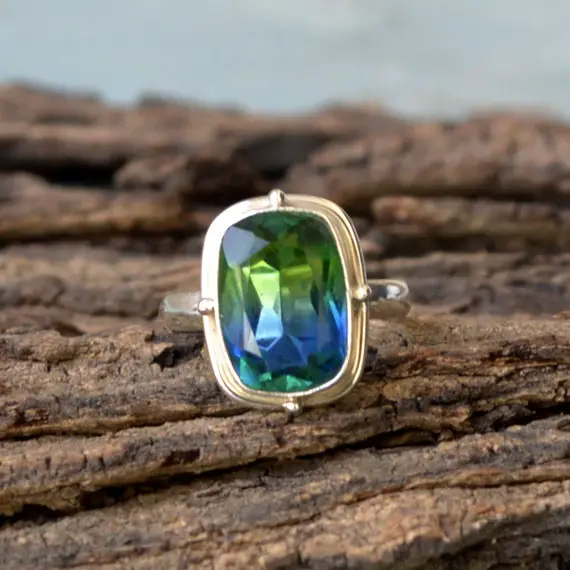 Tourmaline Quartz Ring- 925 Sterling Silver Ring -bezel Set Artisan Ring- Birthstone Gift Ring- Cushion Blue Green Tourmaline Quartz Jewelry