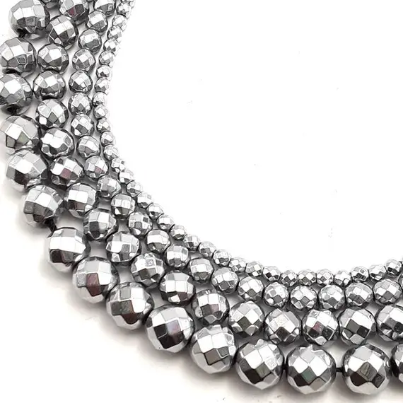 Silver Hematite Faceted Round Beads 2mm 3mm 4mm 6mm 8mm 10mm 12mm 15.5" Strand
