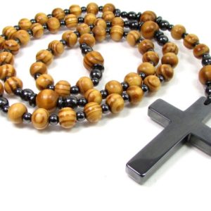 Shop Hematite Necklaces! Wood and Hematite Handmade Rosary, 5 Decade Rosary, Mens Rosary, Women Rosary, Mens Cross Necklace, Wood Rosary, Wood Necklace + Gift Box | Natural genuine Hematite necklaces. Buy handcrafted artisan men's jewelry, gifts for men.  Unique handmade mens fashion accessories. #jewelry #beadednecklaces #beadedjewelry #shopping #gift #handmadejewelry #necklaces #affiliate #ad