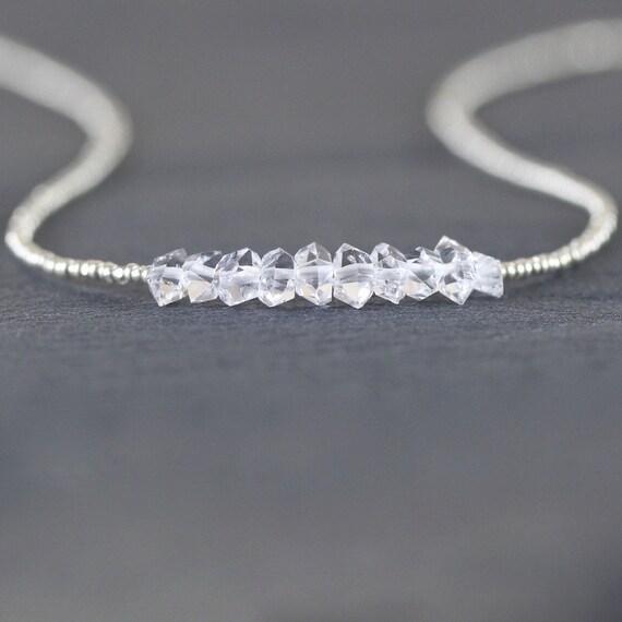 Herkimer Diamond, Seed Bead & Sterling Silver Necklace, Double Terminated Raw Clear Quartz Choker, Dainty Natural Crystal Jewelry For Women