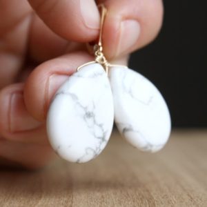 Shop Howlite Earrings! White Howlite Earrings . Gold Gemstone Leverback Earrings . Large Stone Teardrop Earrings | Natural genuine Howlite earrings. Buy crystal jewelry, handmade handcrafted artisan jewelry for women.  Unique handmade gift ideas. #jewelry #beadedearrings #beadedjewelry #gift #shopping #handmadejewelry #fashion #style #product #earrings #affiliate #ad