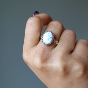 Shop Howlite Rings! Howlite Oval Ring Adjustable Sterling Silver White Gray Gemstone | Natural genuine Howlite rings, simple unique handcrafted gemstone rings. #rings #jewelry #shopping #gift #handmade #fashion #style #affiliate #ad