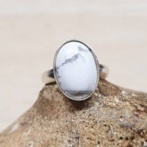 White Howlite adjustable ring. 925 sterling silver rings for women. Reiki jewelry uk. Gemini jewelry. 14x10mm semi precious stone. | Natural genuine Array jewelry. Buy crystal jewelry, handmade handcrafted artisan jewelry for women.  Unique handmade gift ideas. #jewelry #beadedjewelry #beadedjewelry #gift #shopping #handmadejewelry #fashion #style #product #jewelry #affiliate #ad