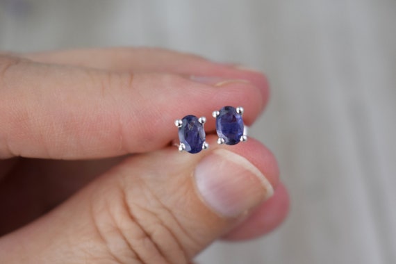 Iolite Stud Earrings (sterling Silver) - Natural Faceted Gemstone - Oval - 4x6 Mm