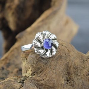 Shop Iolite Rings! Handcrafted Sterling Silver Iolite Flower Ring – Size 6 | Natural genuine Iolite rings, simple unique handcrafted gemstone rings. #rings #jewelry #shopping #gift #handmade #fashion #style #affiliate #ad