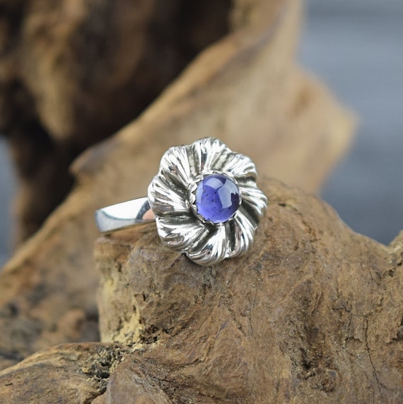 Handcrafted Sterling Silver Iolite Flower Ring - Size 6