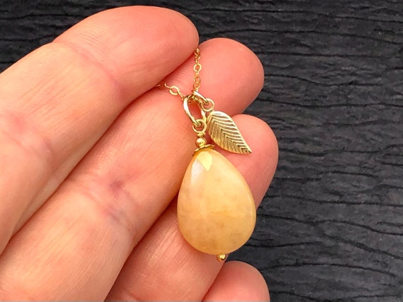 Yellow Jade Necklace Gold Filled Natural Gemstone Dainty Leaf Charm Cluster Drop Pendant Boho Statement Birthday Gift For Her Women 6309