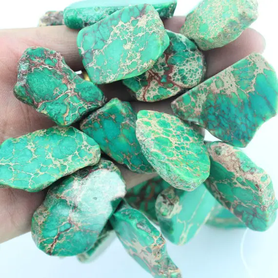 7 Pcs  Green Jasper Slab Freeform Nugget Beads,imperial Jasper,slab  Beads, Top Drilled  Slice Slab Beads ,bulk Gemstone Beads--nt004